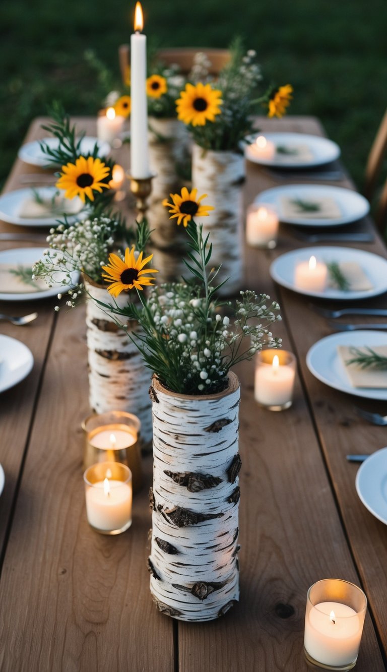 A wooden table with birch bark wrapped vases, filled with wildflowers and surrounded by flickering candles