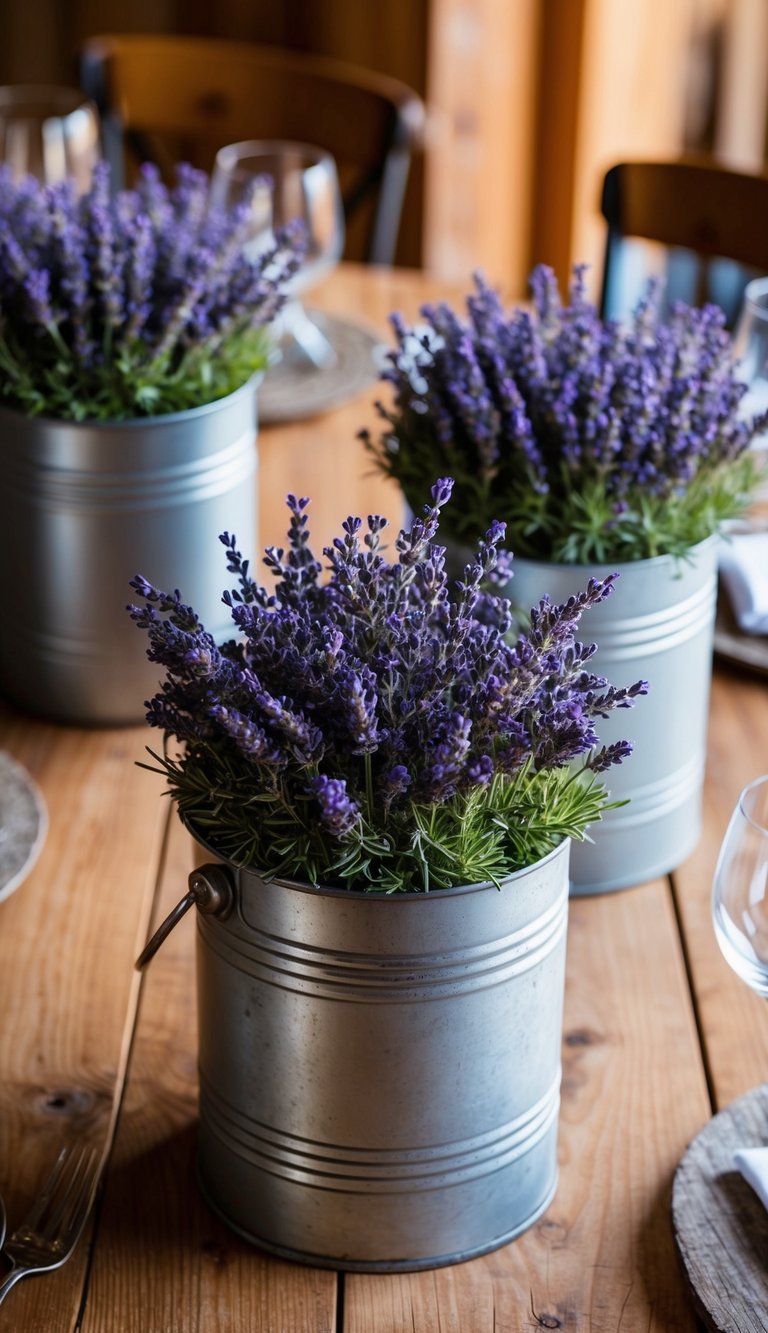 Rustic metal milk cans filled with blooming lavender, arranged on a wooden table as rustic centerpieces