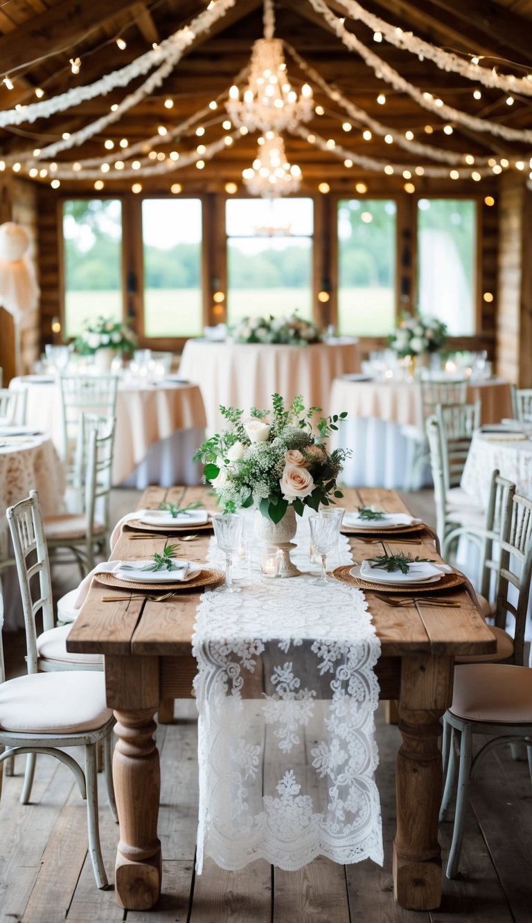 A rustic wooden table adorned with vintage lace tablecloths, surrounded by dreamy wedding decor reflecting various themes