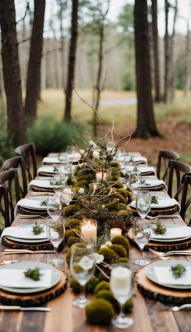 A woodland-themed wedding table with rustic centerpieces made of natural elements like moss, twigs, and wildflowers