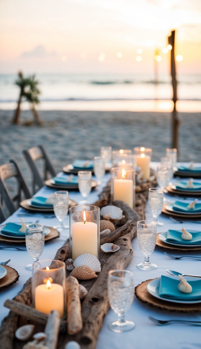 A beach wedding table adorned with driftwood centerpieces, shells, and candles