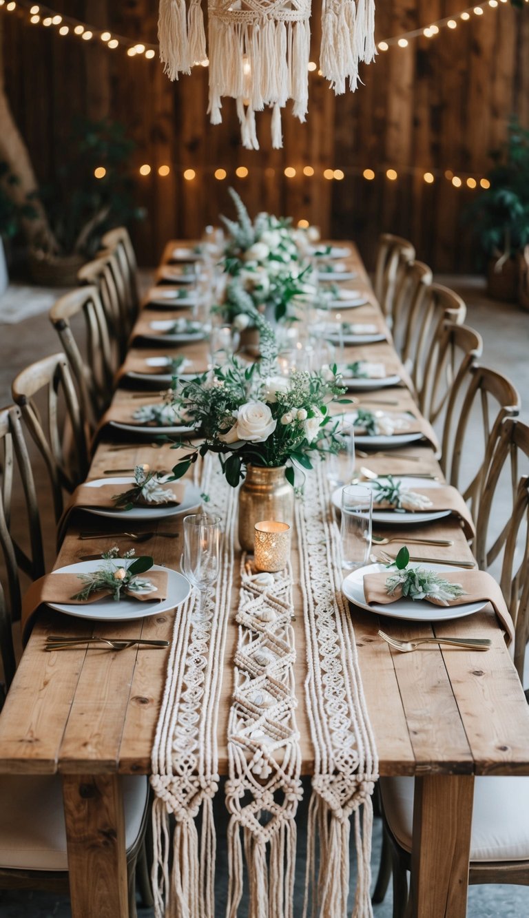 A rustic wedding table adorned with bohemian macramé runners, surrounded by dreamy decor to fit any theme