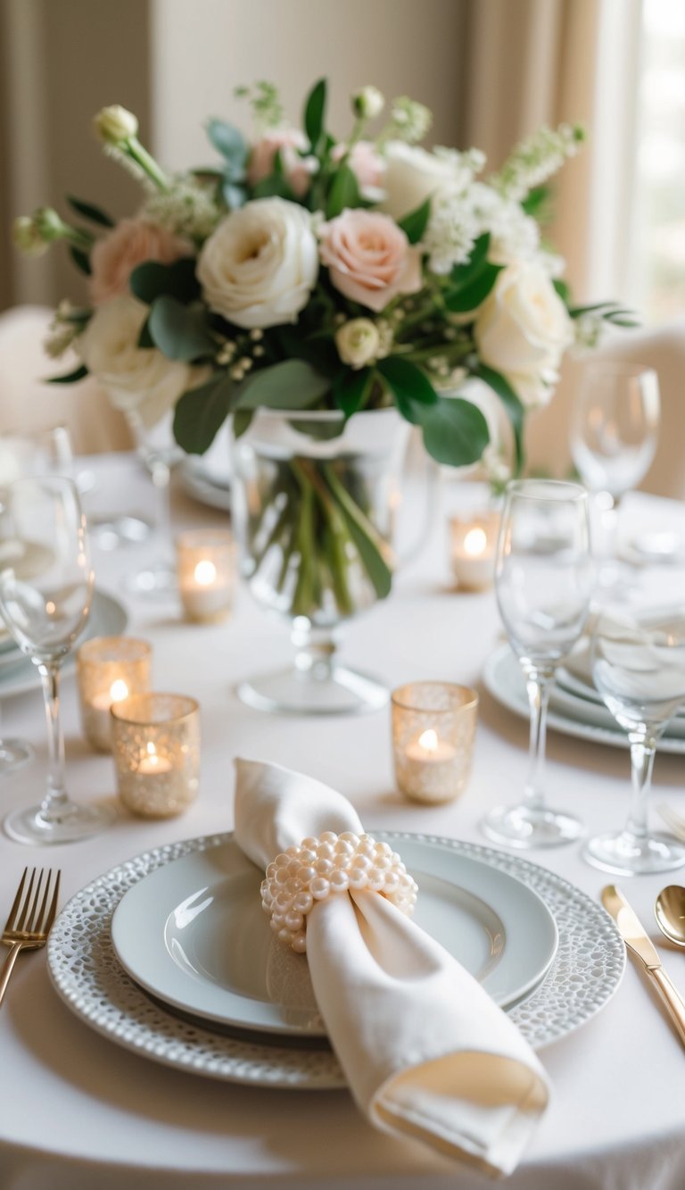 A beautifully set wedding table with elegant pearl napkin rings, surrounded by dreamy decor to match any theme