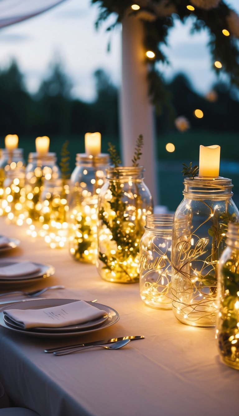 Glowing fairy light-filled jars arranged on a wedding table, creating a whimsical and dreamy ambiance