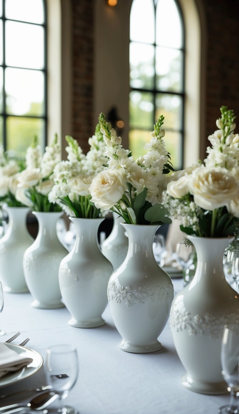 A table set with 10 white porcelain vases, each filled with dreamy wedding flowers, creating an elegant and romantic centerpiece for any wedding theme