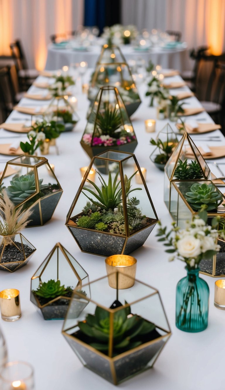 A variety of modern geometric terrariums arranged on wedding tables with different themed decor