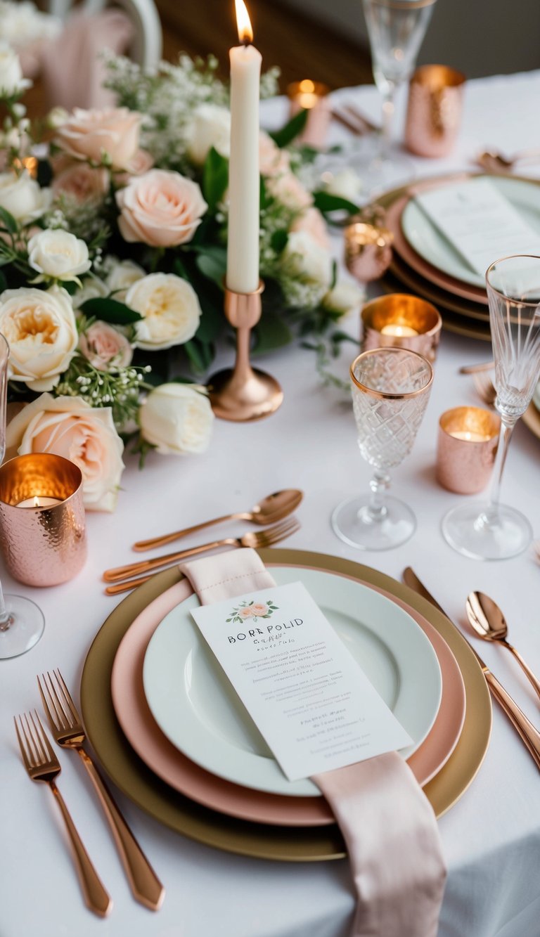 A table set with romantic rose gold cutlery, surrounded by dreamy wedding decor for various themes