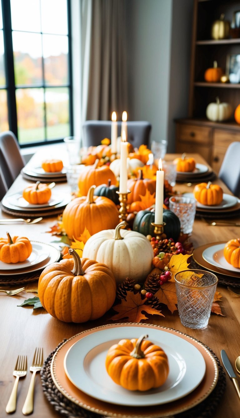 A festive Thanksgiving table set with pumpkins, autumn leaves, candles, and colorful centerpieces