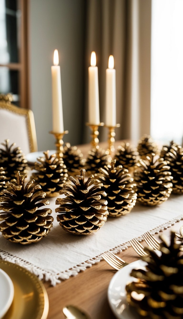 A table adorned with 10 gilded pinecones, arranged as Thanksgiving decorations