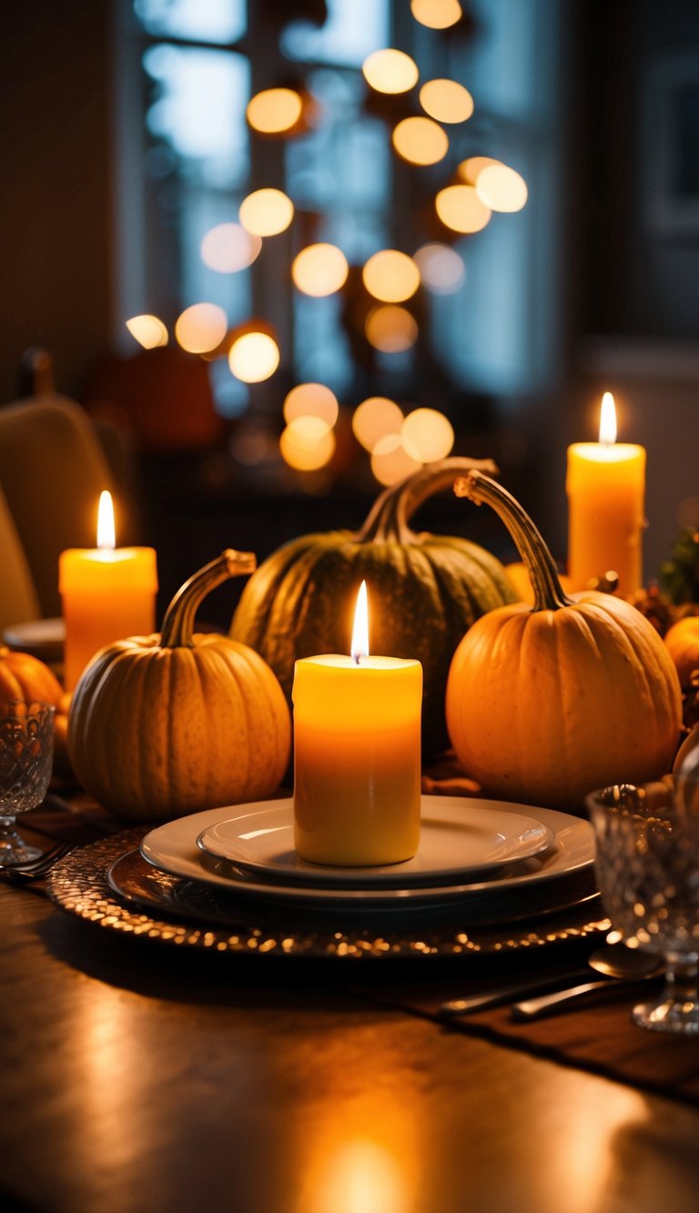 Candlelit gourds adorn a Thanksgiving table, casting a warm glow in the dimly lit room