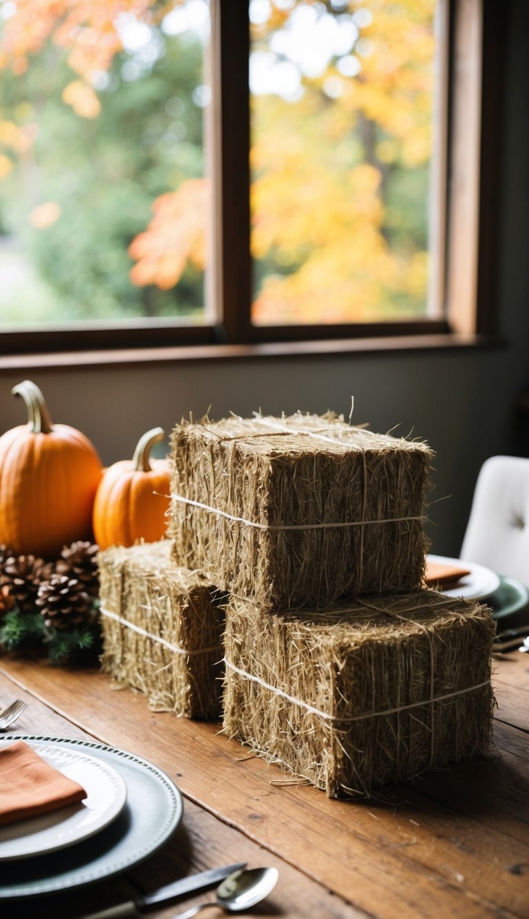 A rustic Thanksgiving table adorned with 10 miniature hay bales as decorations