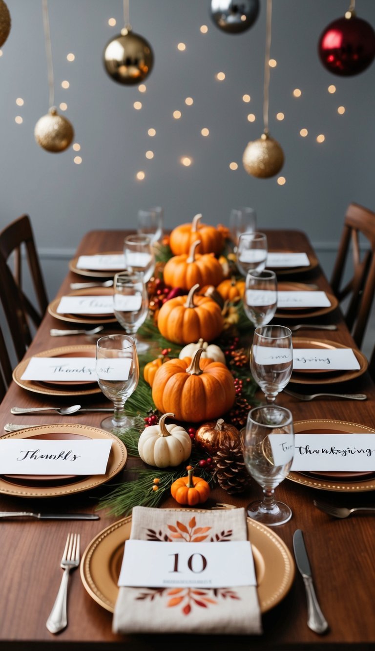 A table set with 10 Thanksgiving place cards and festive decorations