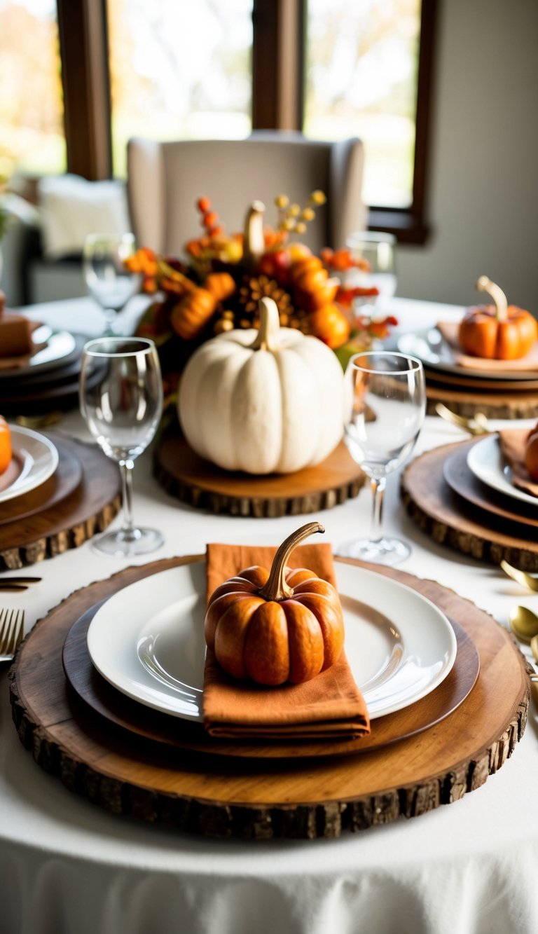 A table set with 10 rustic wood chargers, adorned with Thanksgiving decorations