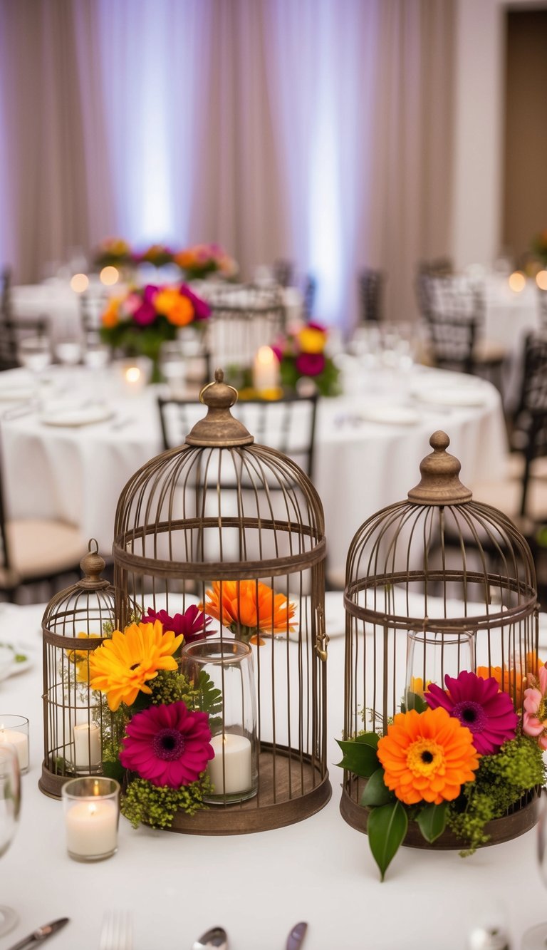 Vintage birdcages adorned with colorful flowers arranged as unique wedding reception table centerpieces