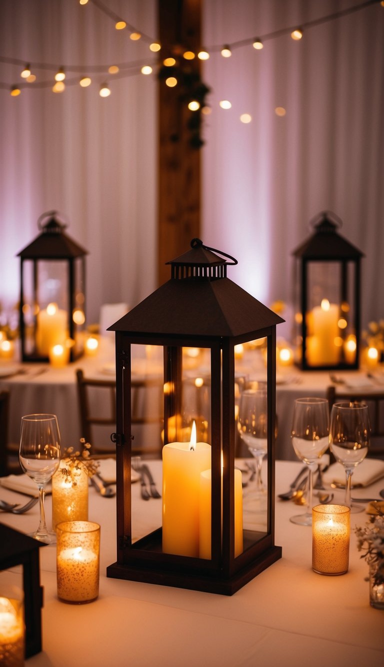 Rustic lanterns with flickering candles illuminate wedding reception tables, creating a warm and romantic ambiance