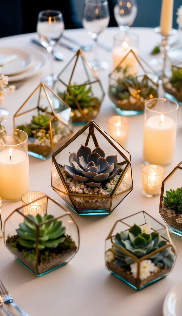 Mini succulent terrariums arranged on wedding reception tables, surrounded by soft candlelight and delicate floral accents