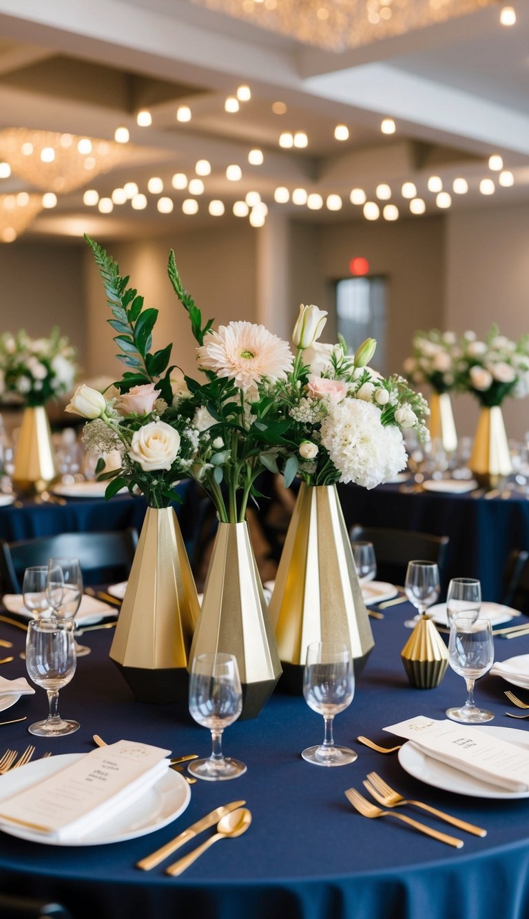 A table with 10 geometric gold vases filled with flowers, set as unique centerpieces for a wedding reception