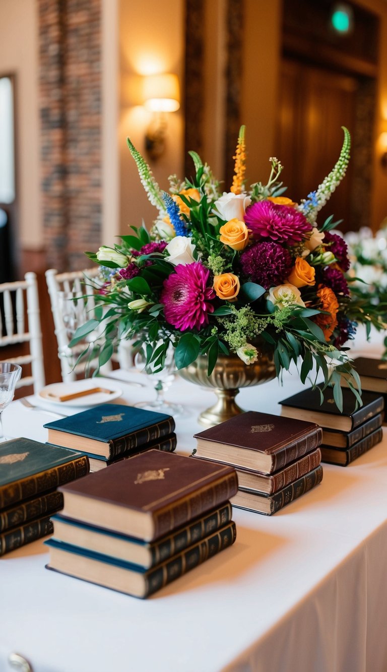 A table adorned with antique books and vibrant floral arrangements, creating a unique centerpiece for a wedding reception