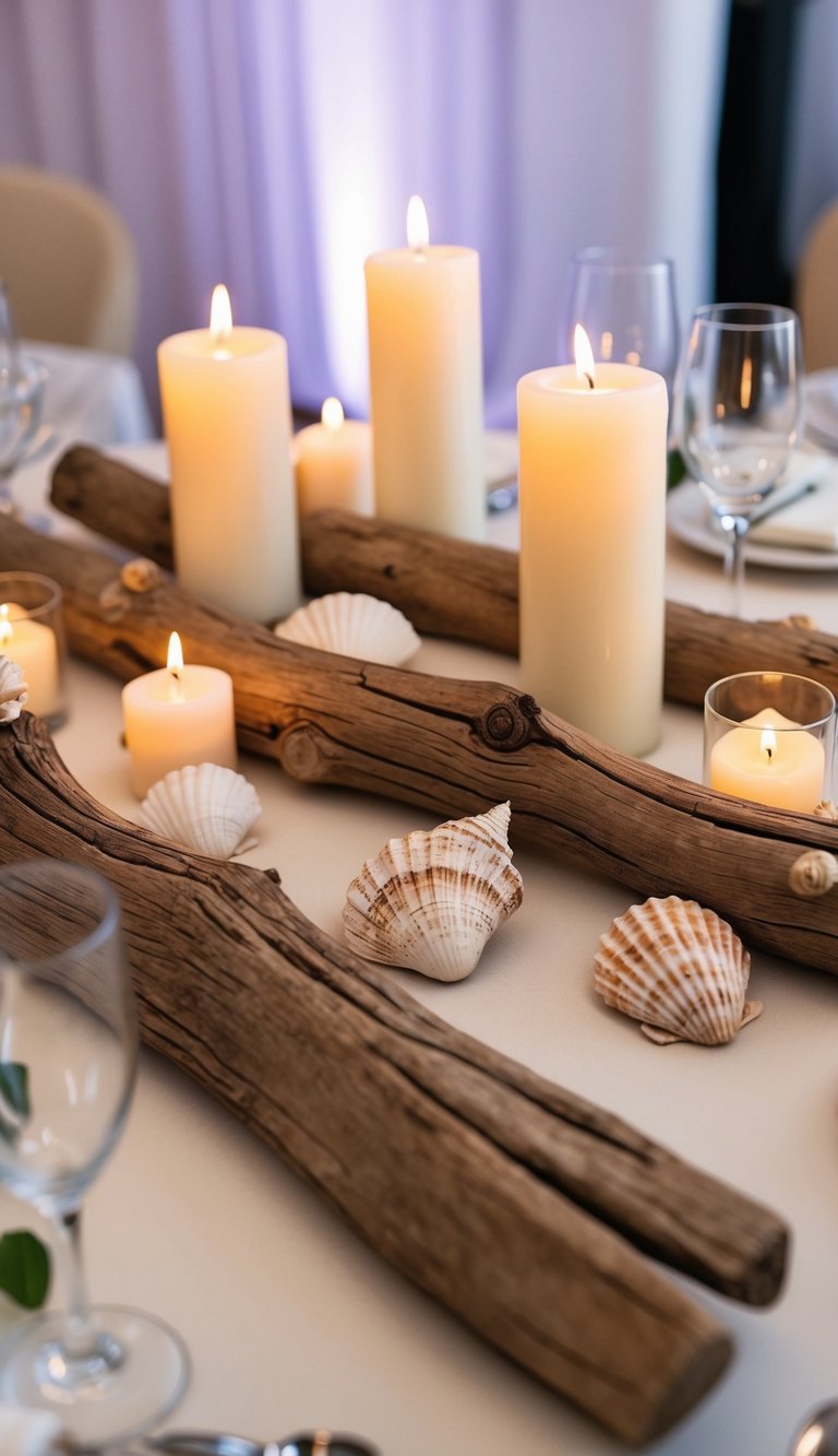 Driftwood adorned with seashells and candles arranged as a unique wedding reception centerpiece