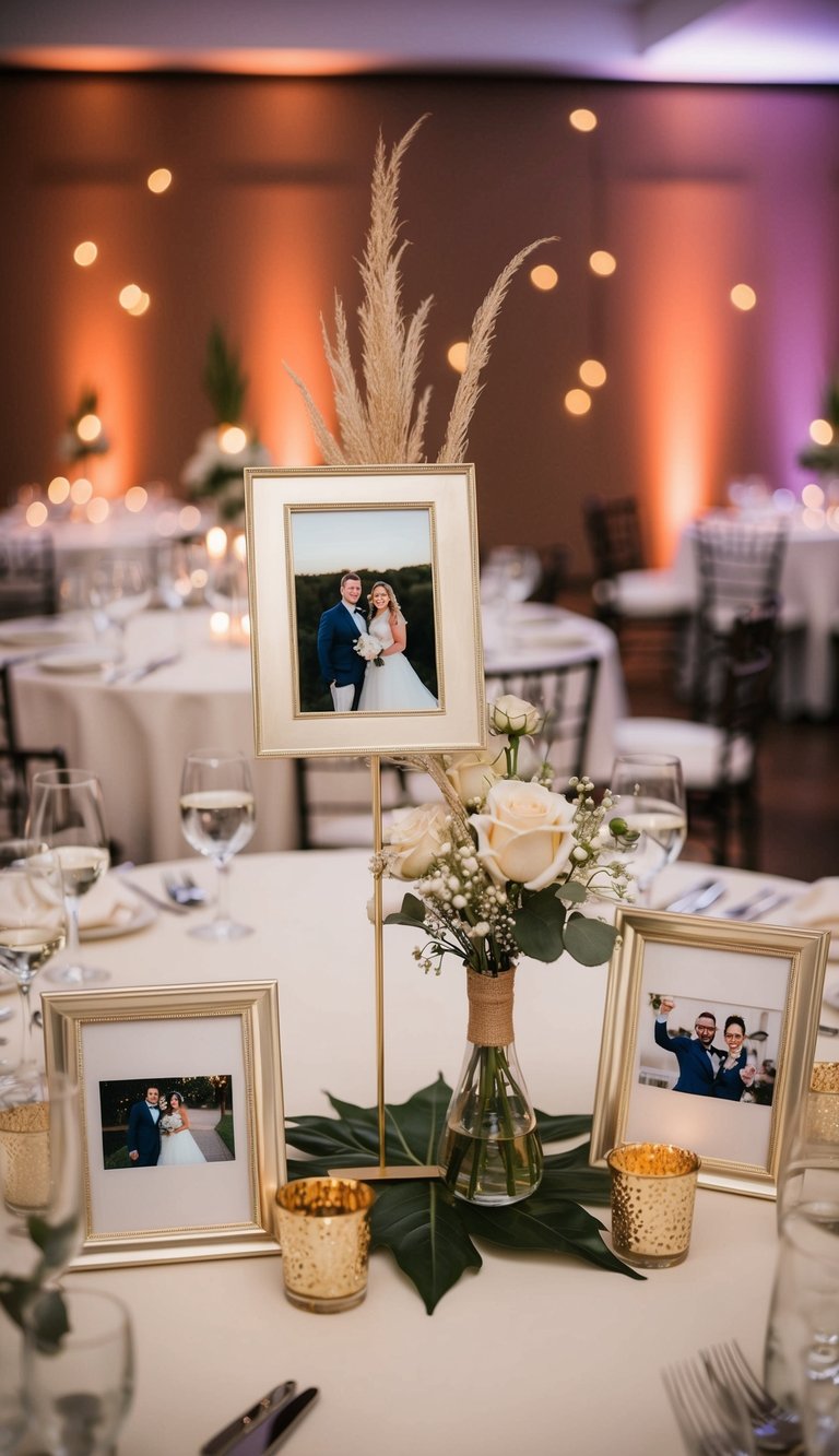 A wedding reception table adorned with personalized photo frames and unique centerpiece decor