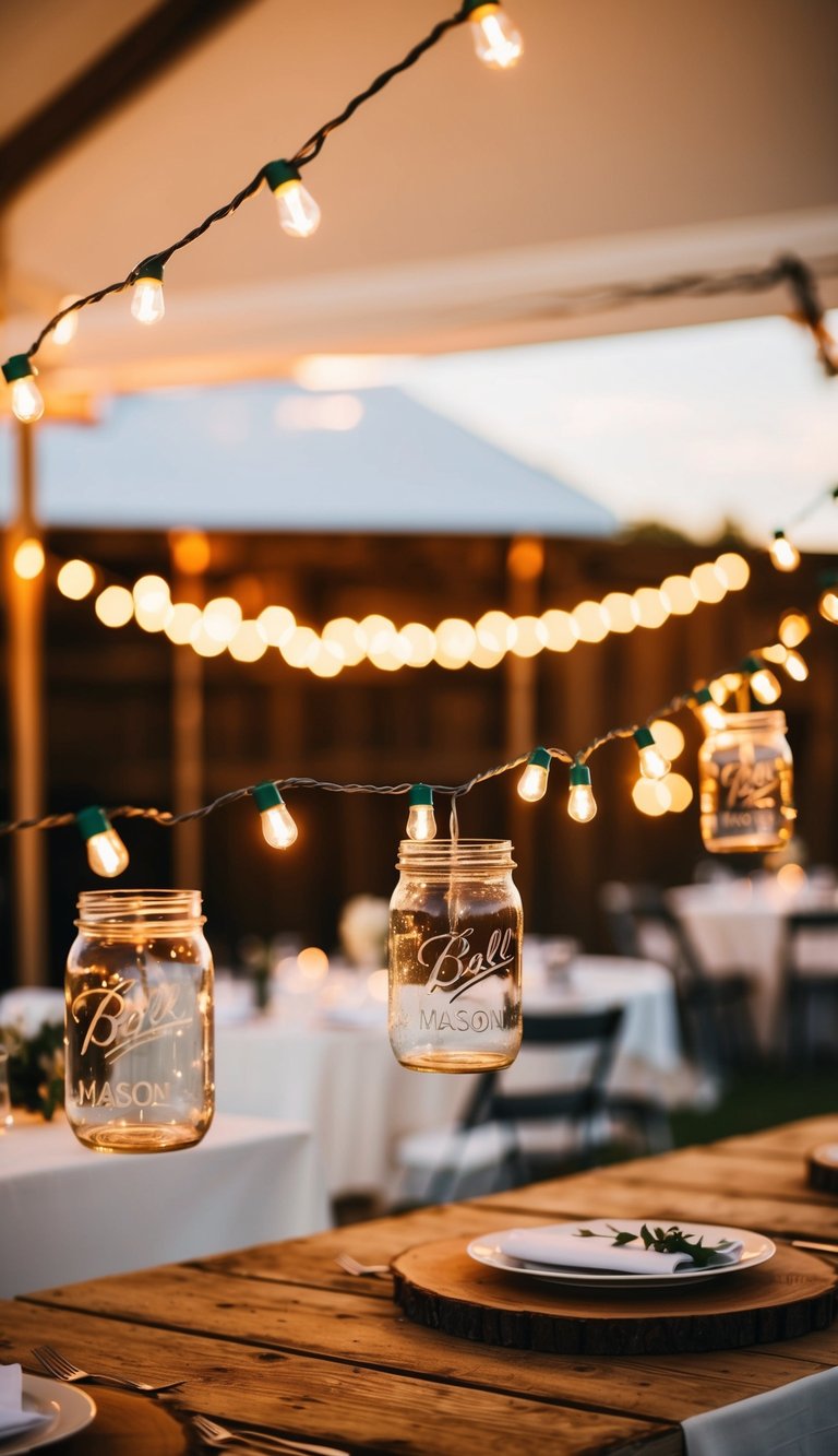 Mason jars with string lights hang above rustic wedding reception tables