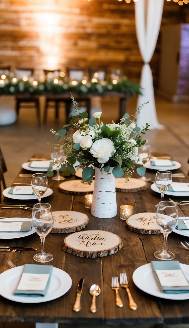 A rustic wedding reception table adorned with custom engraved wood slices featuring unique centerpiece ideas