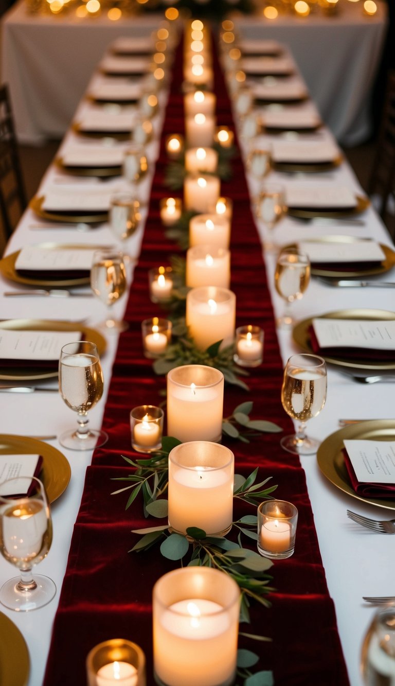 Velvet table runners adorned with tea lights create a warm and elegant ambiance for wedding reception tables