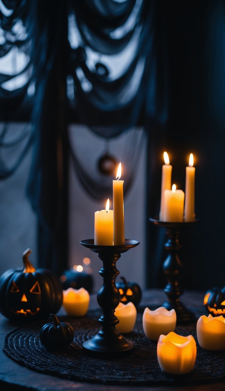 A dimly lit table adorned with ghostly candle holders, casting eerie shadows in a spooky and stylish Halloween setting