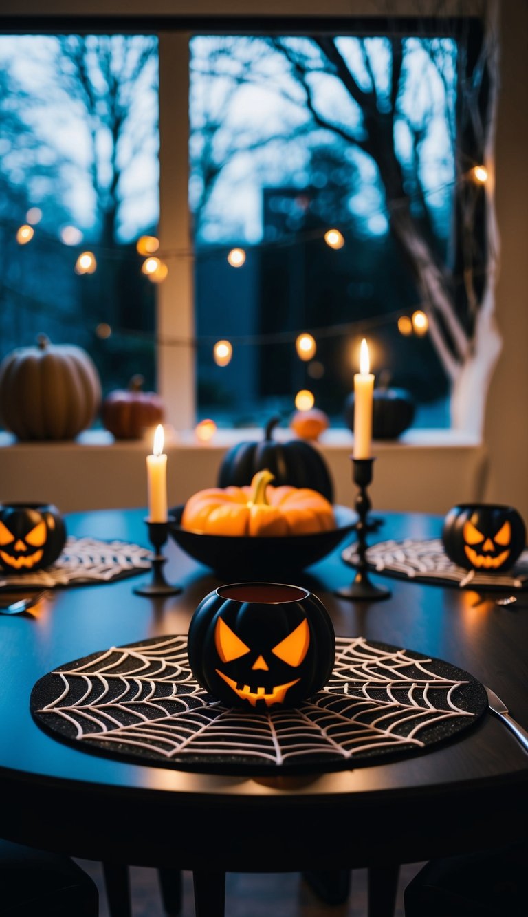 A dimly lit dining table set with spider web placemats, adorned with eerie Halloween decorations