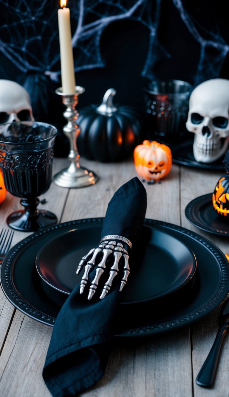 A spooky dining table set with black and silver skeleton hand napkin rings, surrounded by eerie Halloween decorations