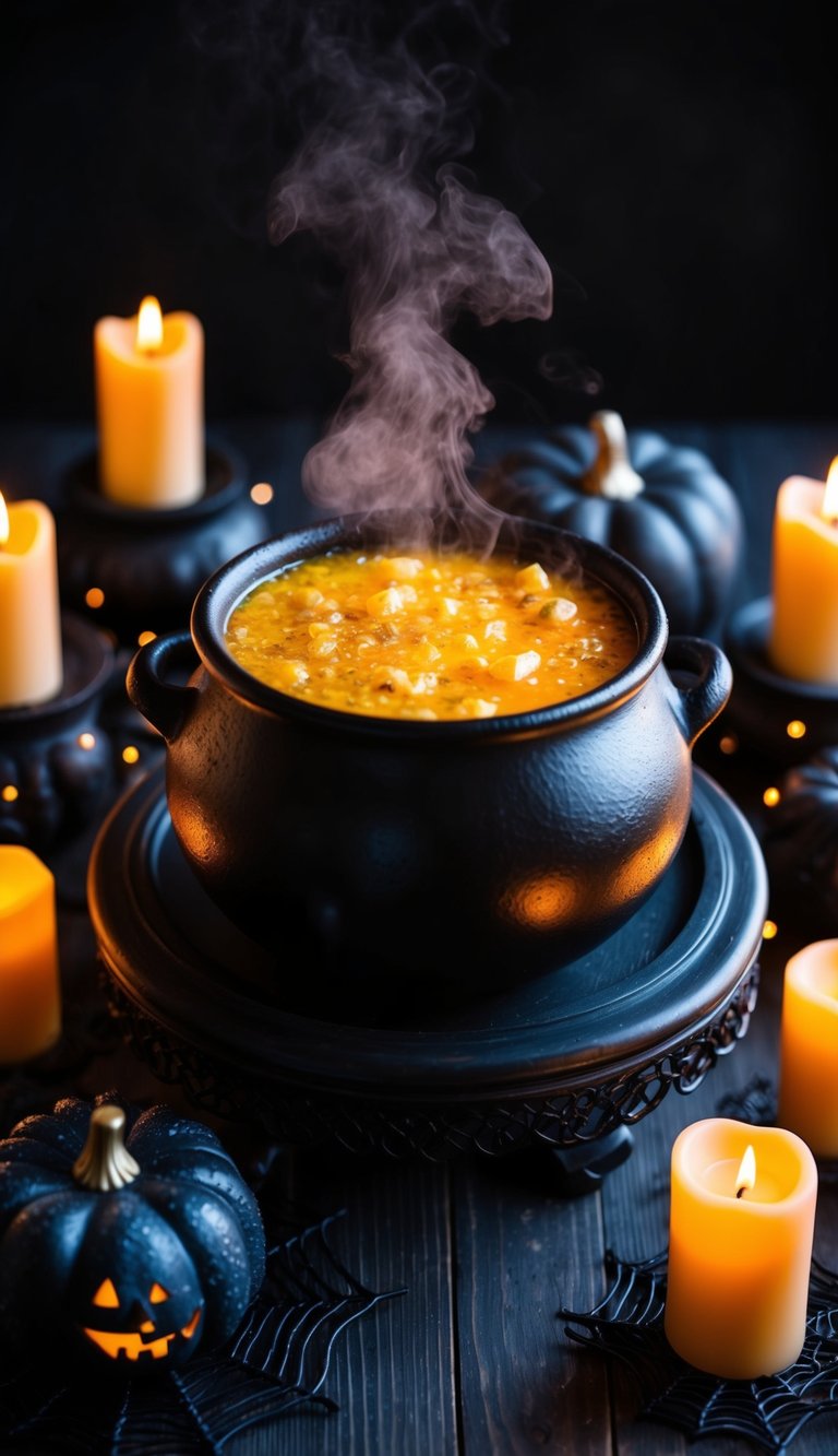 A bubbling cauldron sits atop a dark wooden table surrounded by eerie decorations and flickering candles, creating a spooky and stylish Halloween atmosphere