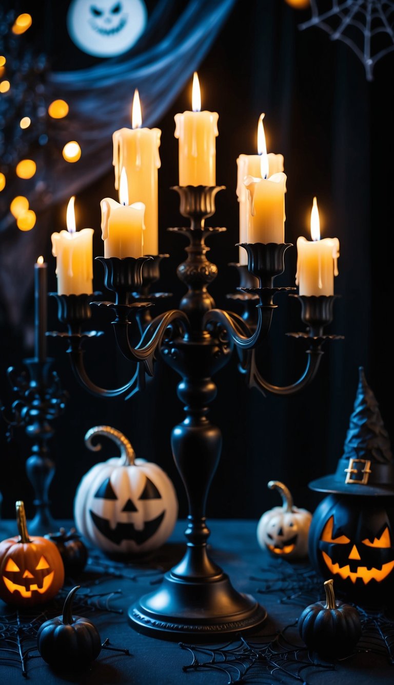 A gothic candelabra stands on a dark table surrounded by eerie Halloween decorations. Sinister and stylish, it sets the mood for a spooky celebration