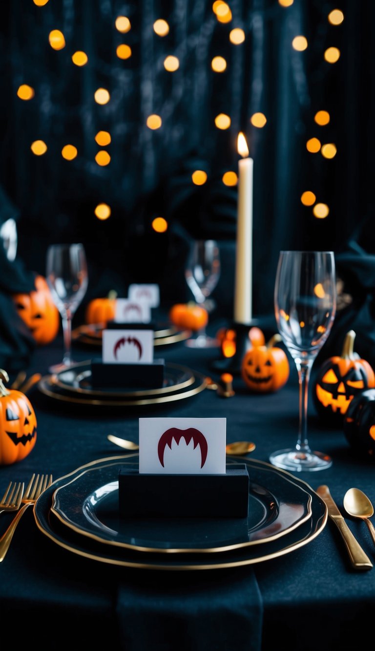 A dark, elegant dining table set with vampire fang place card holders, surrounded by spooky and stylish Halloween decorations