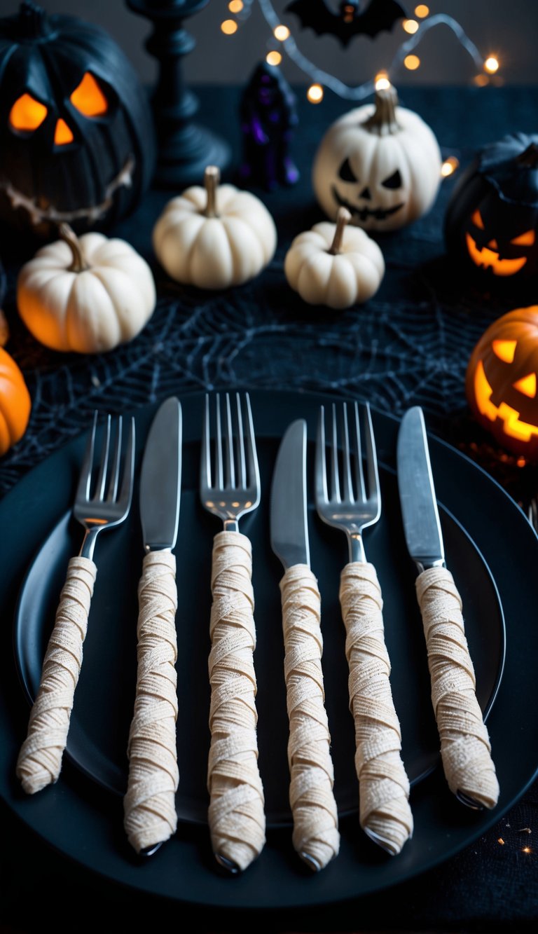 Cutlery wrapped in mummy-style bandages, arranged on a spooky Halloween-themed table with eerie decorations and dim lighting