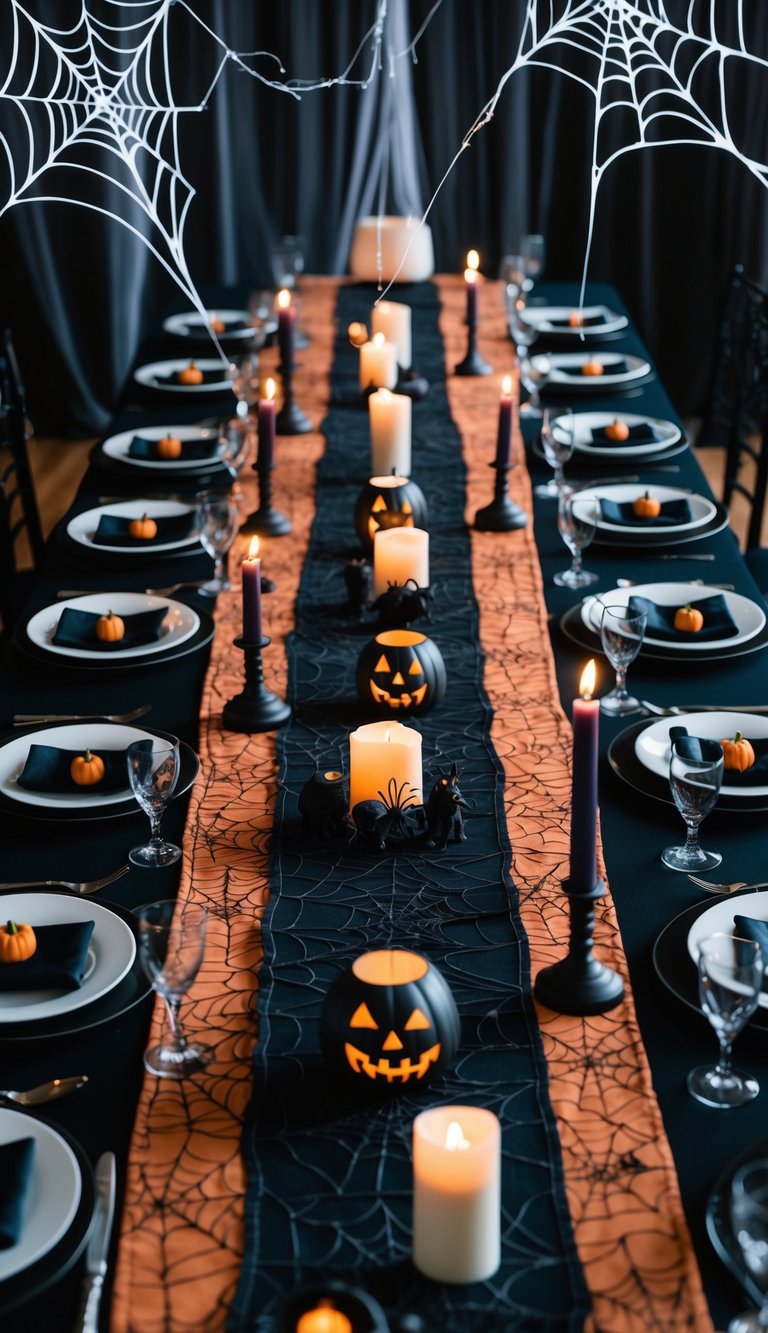 A long, dark table with a haunted house-themed runner, surrounded by eerie candlesticks, spider webs, and spooky centerpieces