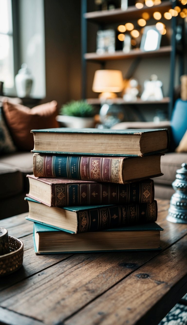 A stack of weathered vintage books sits atop a wooden coffee table, surrounded by various decorative items