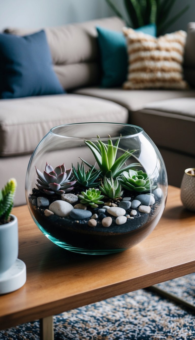 A glass terrarium filled with various succulents and small rocks sits atop a wooden coffee table, surrounded by other decorative items