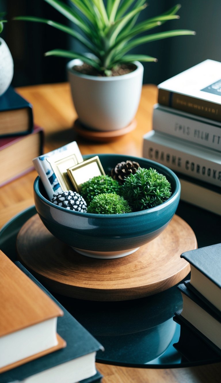 A ceramic bowl filled with coffee table decor ideas, surrounded by books and a potted plant