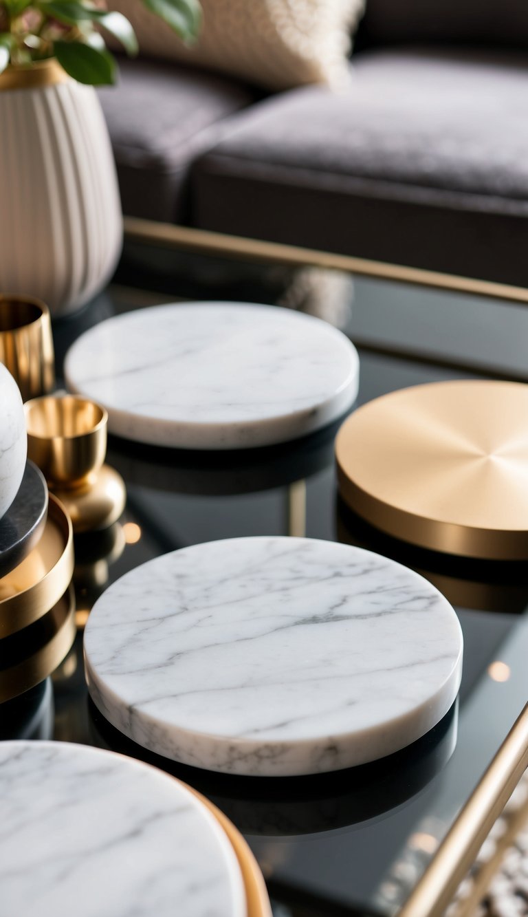 A set of marble coasters arranged on a coffee table with various decor items around them