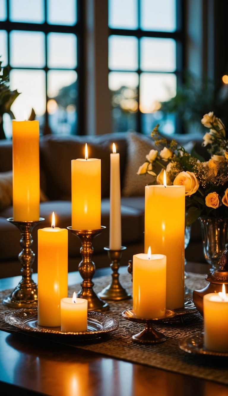 Candles of varied heights illuminate a coffee table with elegant decor