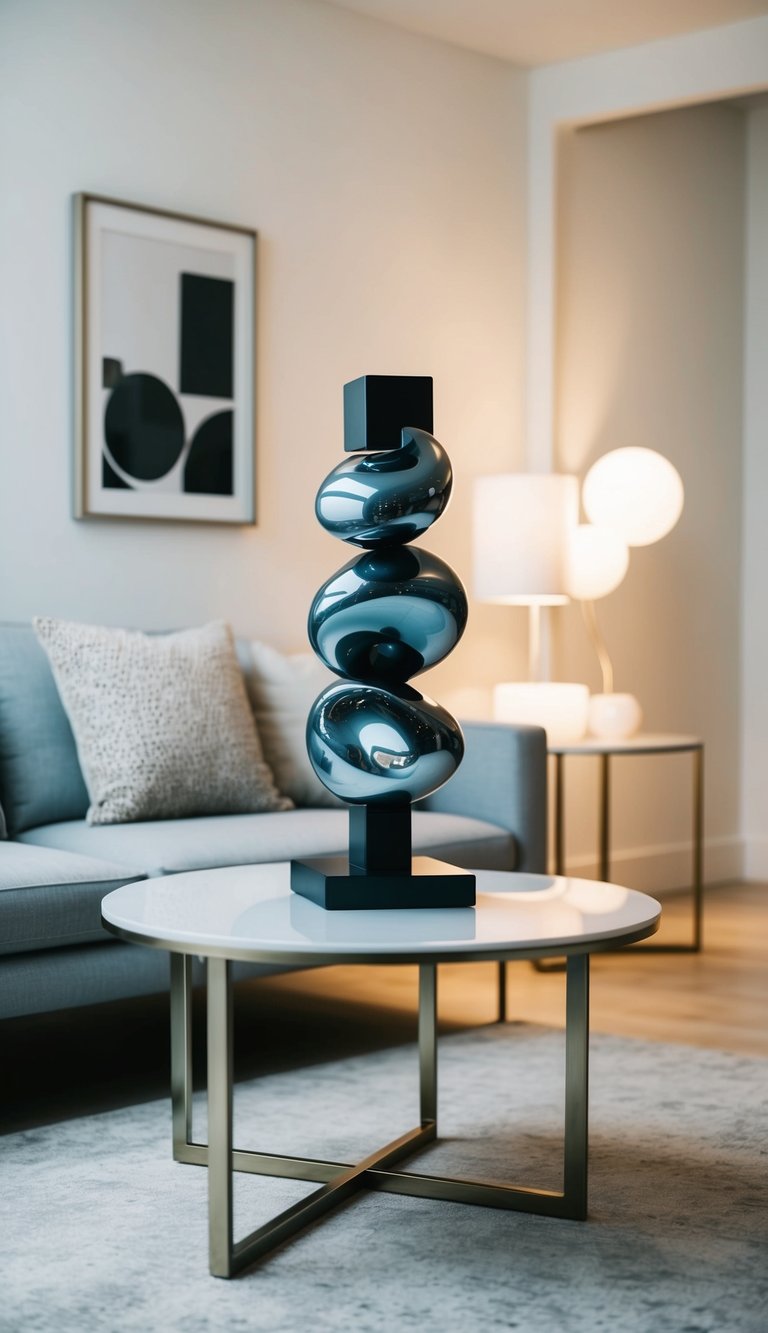 An abstract sculpture sits atop a sleek coffee table, surrounded by minimalist decor and soft lighting