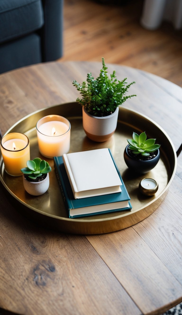 A brass tray holding various coffee table decor items, such as candles, books, and small plants, arranged in an aesthetically pleasing manner