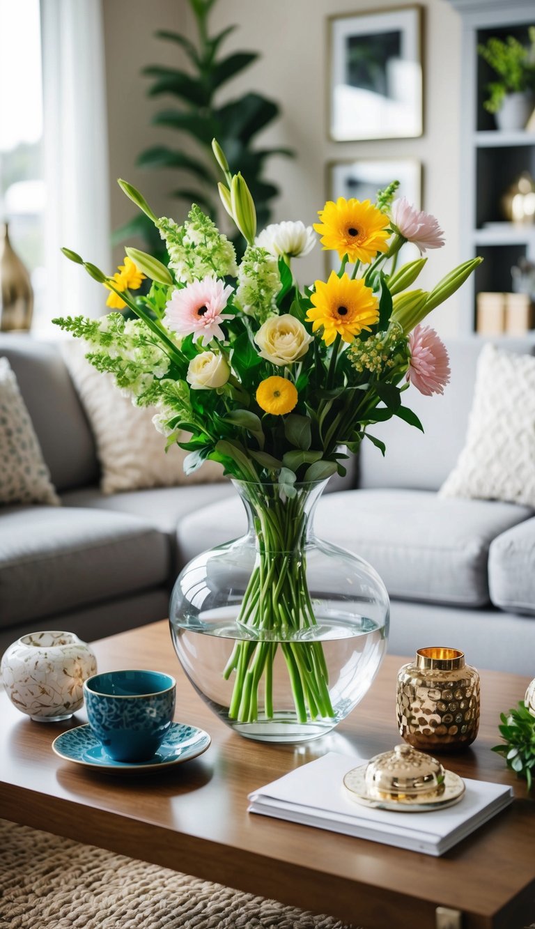 A glass vase with fresh flowers sits on a coffee table, surrounded by various decor items