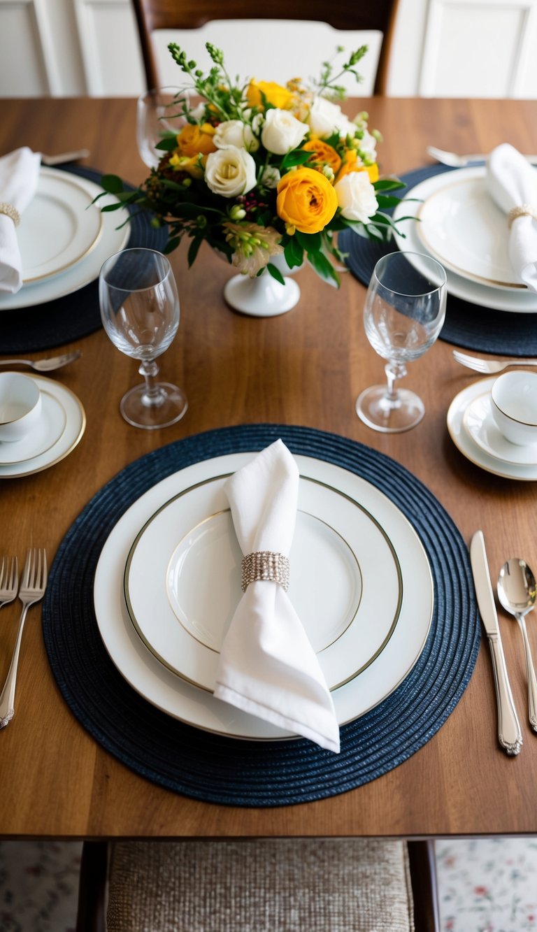 Two contrasting placemats arranged on a wooden dining table, surrounded by elegant dinnerware and a centerpiece of fresh flowers