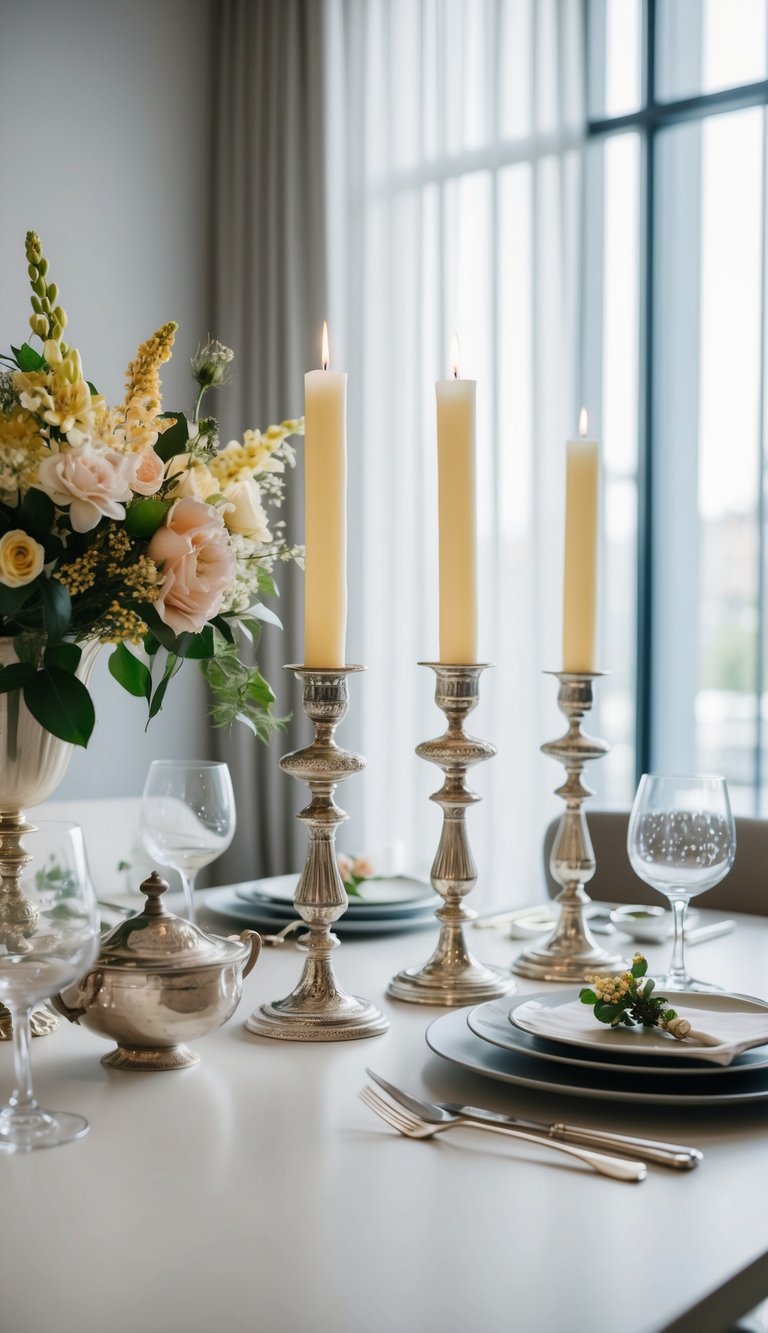 A sleek, modern dining table adorned with vintage candlesticks, floral arrangements, and antique silverware