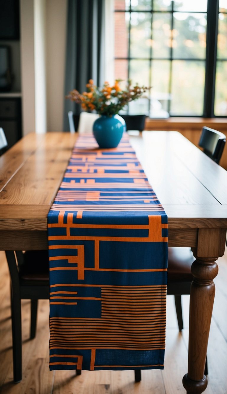 A bold table runner drapes across a wooden dining table, adding a pop of color and pattern to the decor