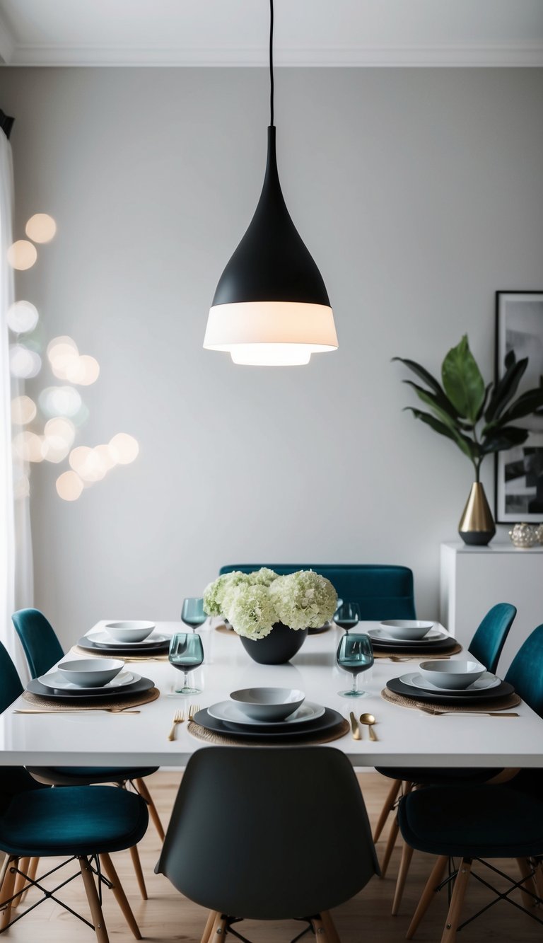 A sleek, modern pendant light hangs above a stylishly set dining table with ten different decor ideas