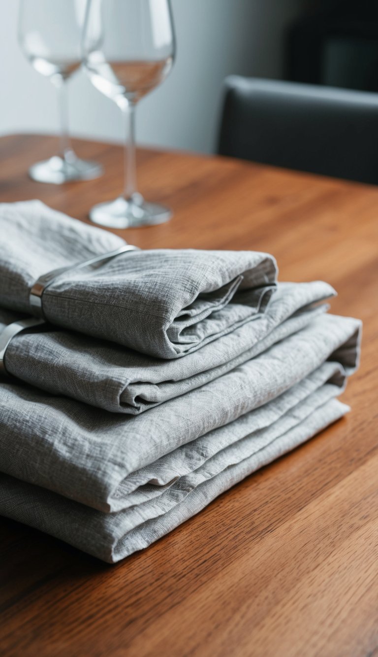 Linen napkins folded on a wooden dining table, adding texture and elegance to the decor