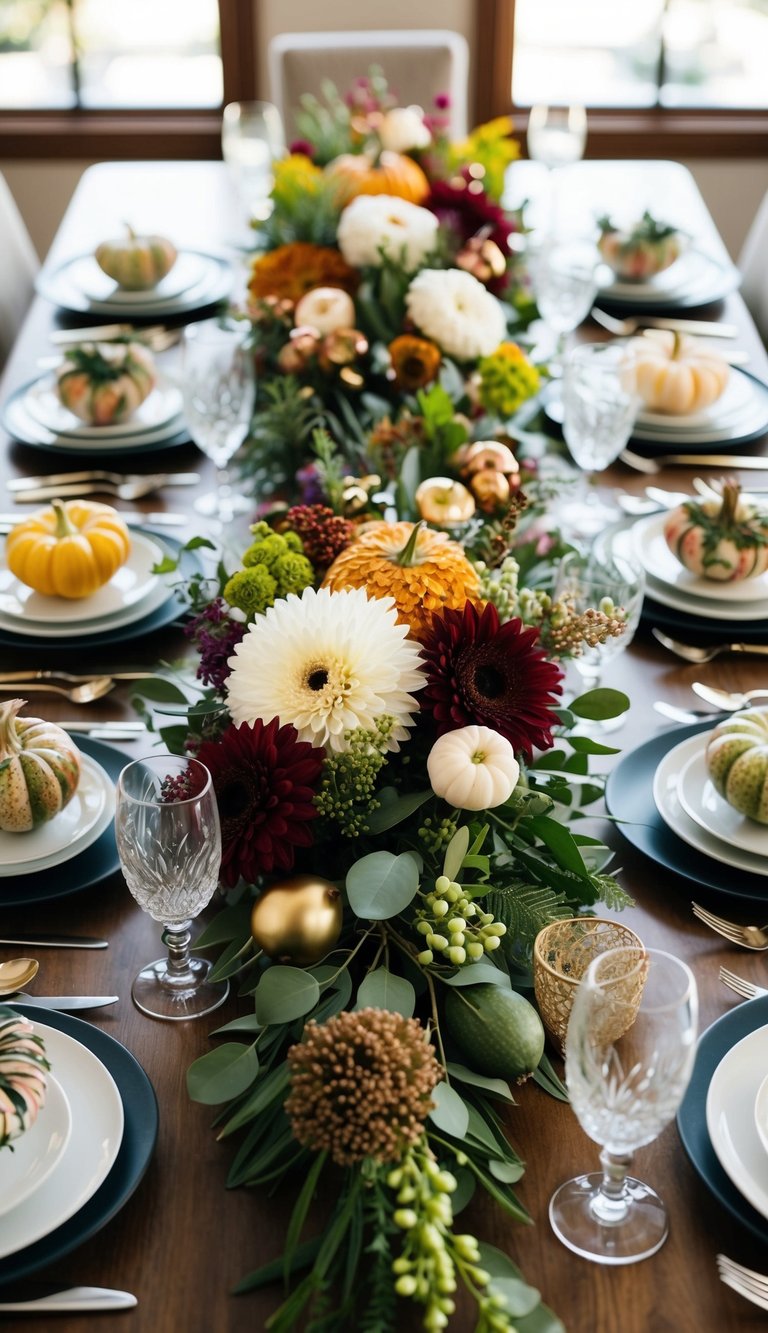 A dining table adorned with seasonal centerpieces, featuring a mix of flowers, greenery, and decorative elements in a variety of styles and colors