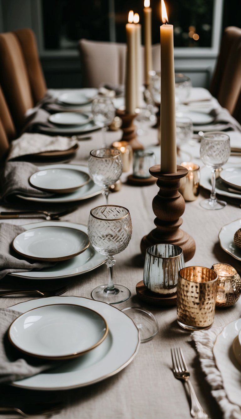 A dining table adorned with a variety of textures: smooth ceramic dishes, rough linen napkins, glossy glassware, and rustic wooden candle holders